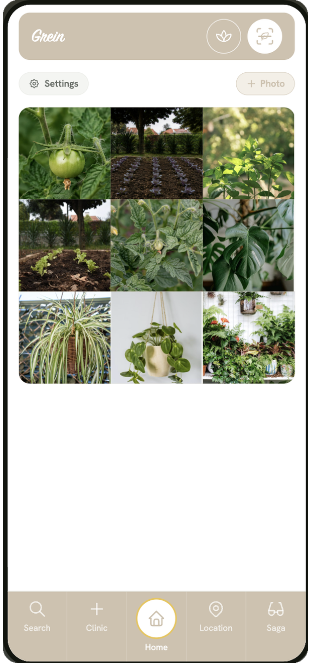Grein home screen for a gardener — a photo grid of garden beds and potted plants