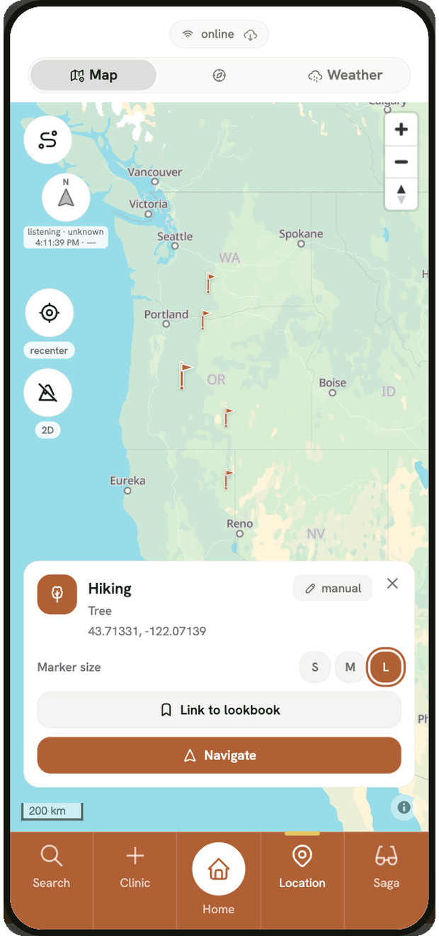 Grein map with color-coded pins marking tagged spots